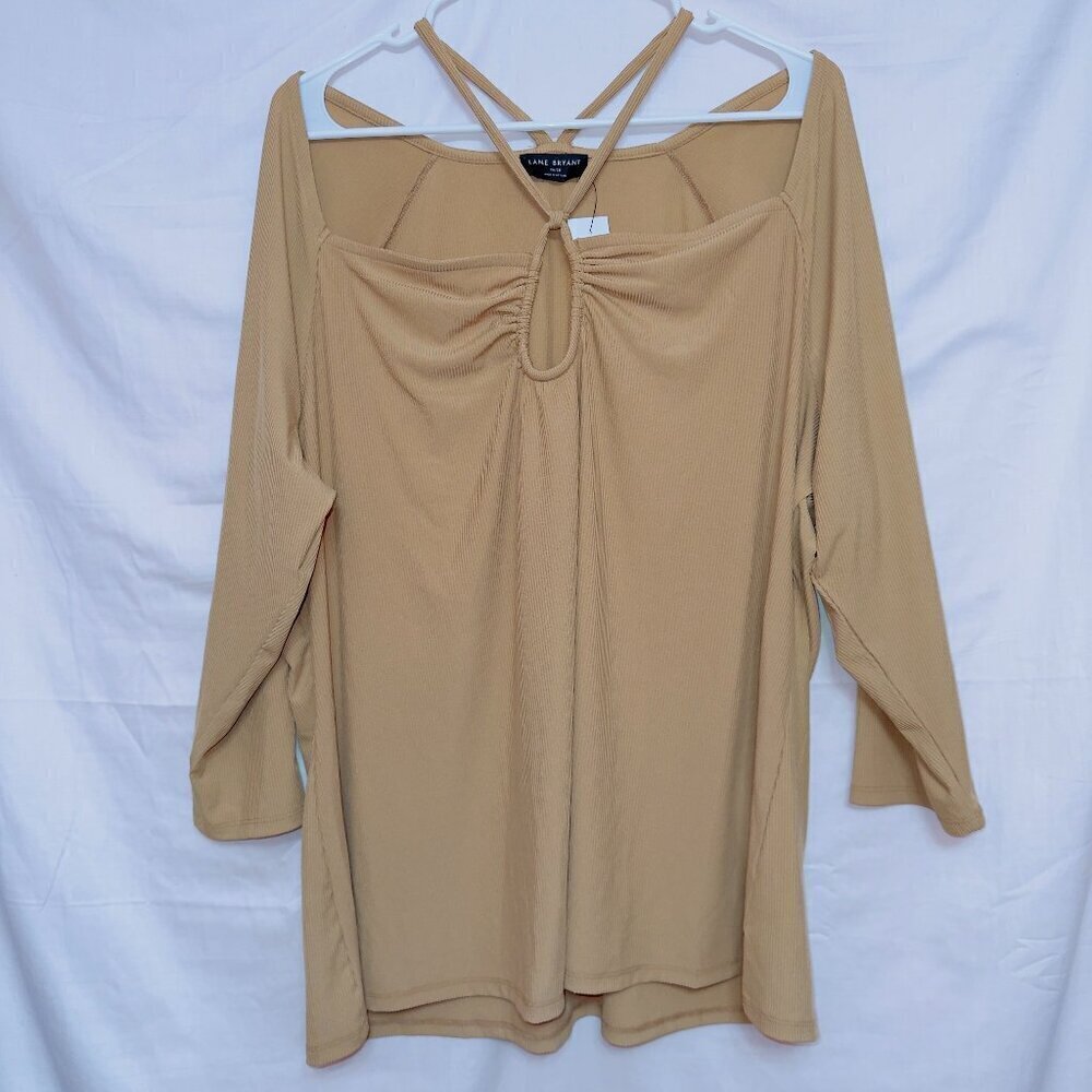 Lane Bryant NWT Tan Half Sleeve Strappy Cold Shoulder Rib Knit Pullover Top
